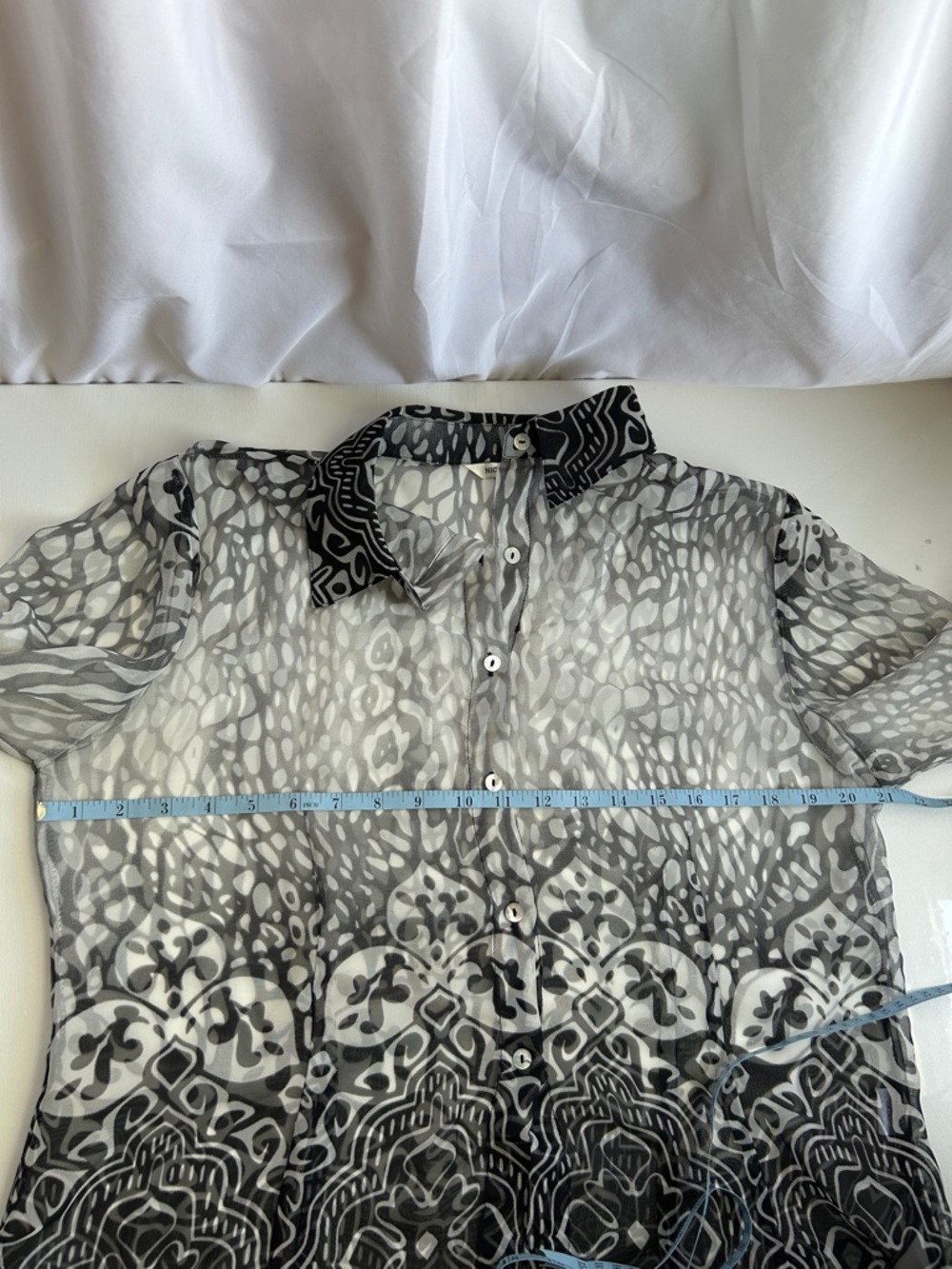 NICOLA Black & White Printed Button-Up All Sheer Blouse - Picture 8 of 11